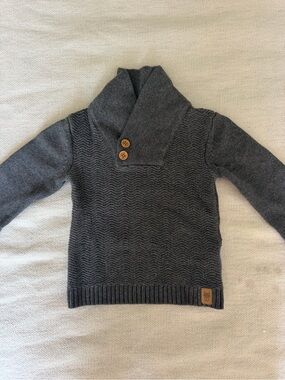Kid’s Dark Grey Shawl Collar Knit Sweater with Button Detail